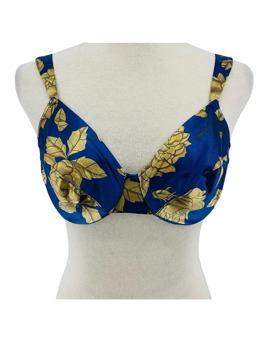 Vintage Victoria's Secret Bra Second Skin Blue Gold Satin Size 34C